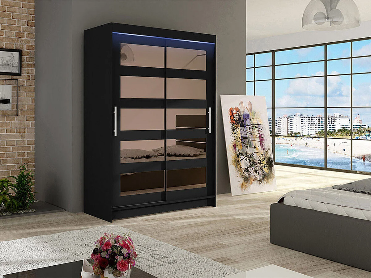 Armoire Closico 111, Noir, 200x120x58cm, Portes d'armoire: Coulissantes