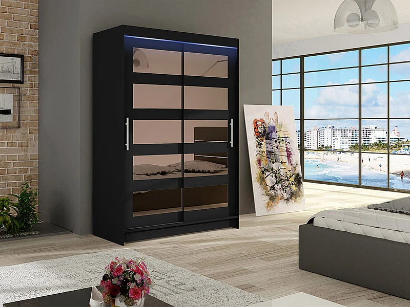 Armoire Closico 111, Noir, 200x120x58cm, Portes d'armoire: Coulissantes