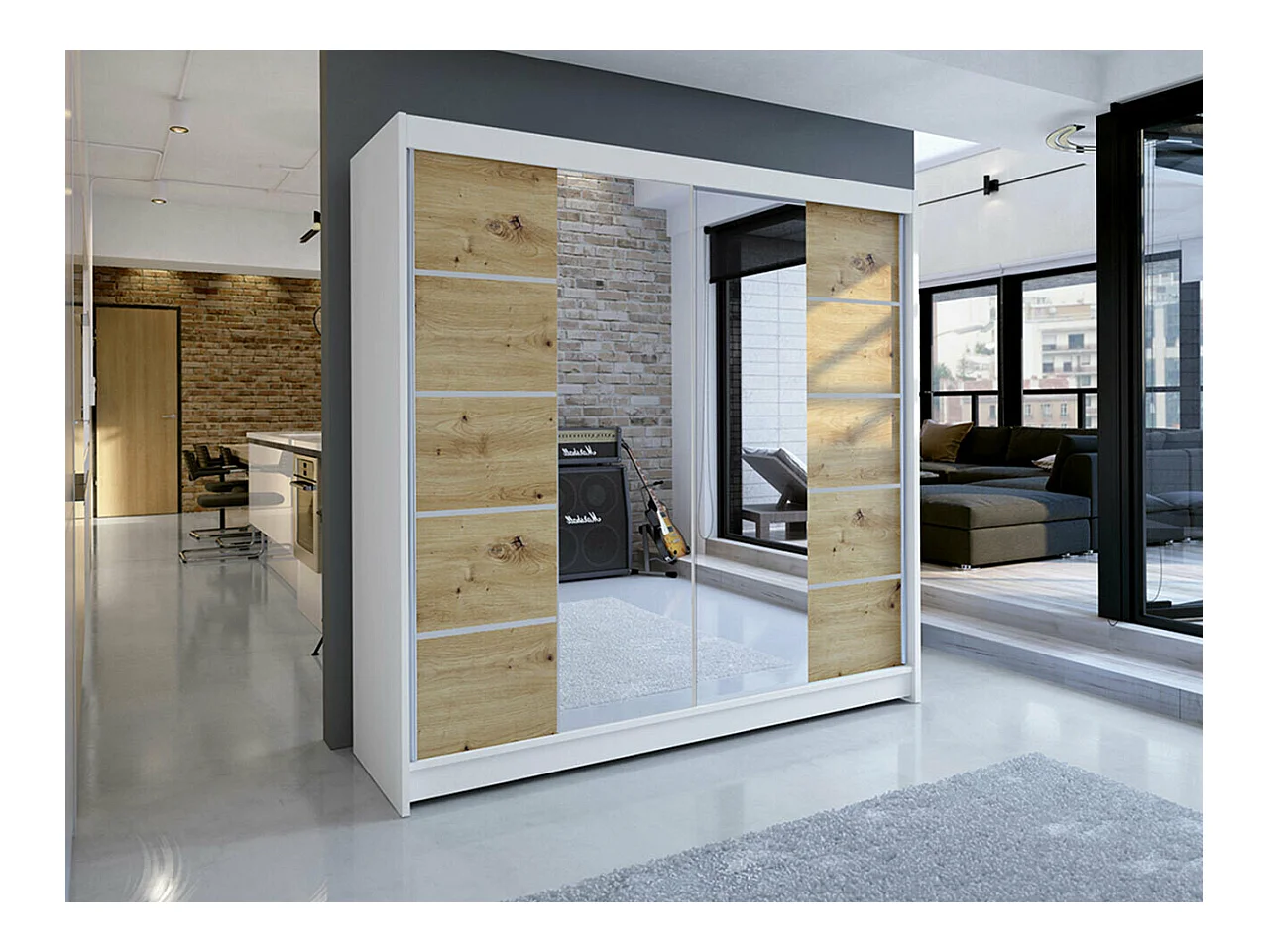 Armoire Closico 154, Chêne Artisan|Blanc, 215x180x58cm, Portes d'armoire: Coulissantes