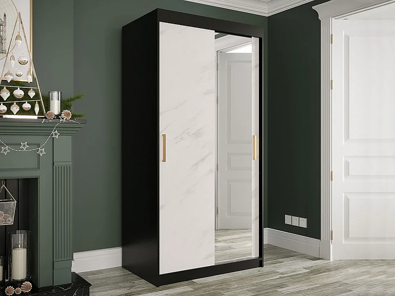 Armario Hartford 258, Mármol blanco|Negro mate, 200x100x62cm, Número de estantes: 5