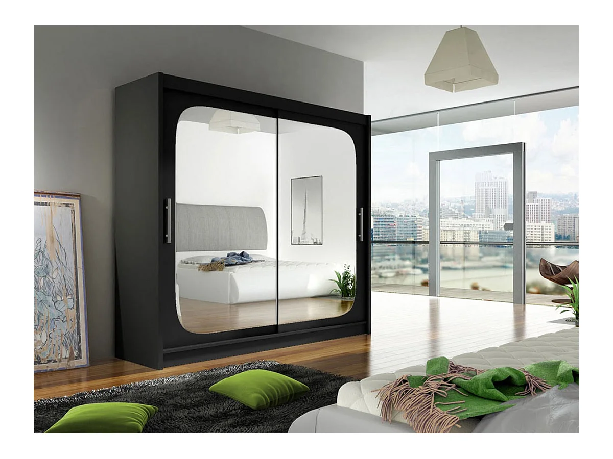 Armario Closico 108, Negro, 215x180x58cm, Puertas de armario: Correderas