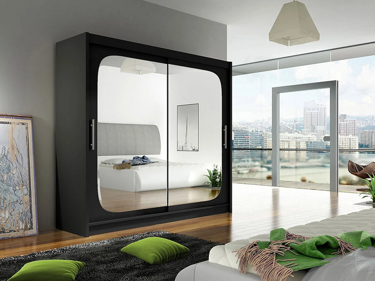 Armoire Closico 108, Noir, 215x180x58cm, Portes d'armoire: Coulissantes