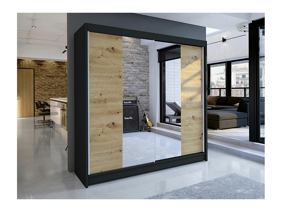 Armoire Closico 138, Chêne Artisan|Noir, 215x180x58cm, Portes d'armoire: Coulissantes