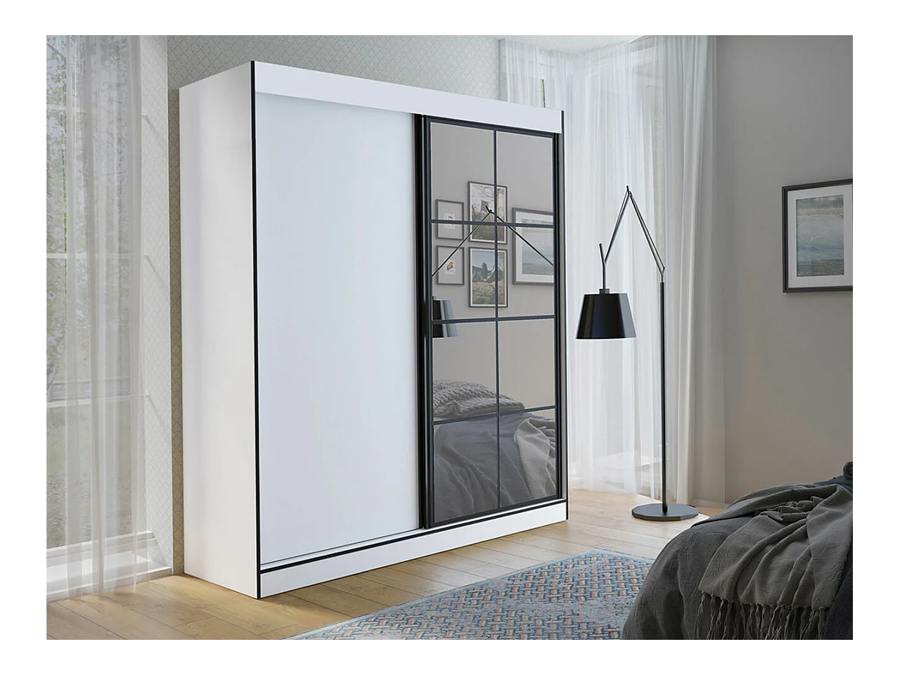 Armoire Toledo 118, Blanc|Noir, 216x180x65cm, Portes d'armoire: Coulissantes