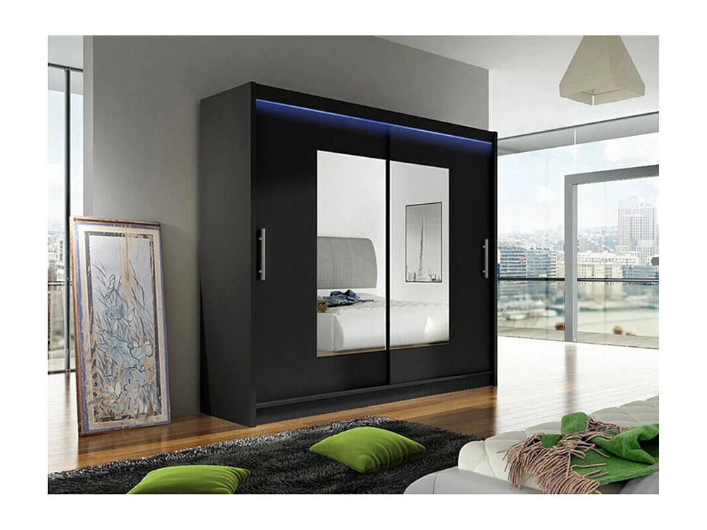 Armoire Closico 106, Noir, 215x180x58cm, Portes d'armoire: Coulissantes