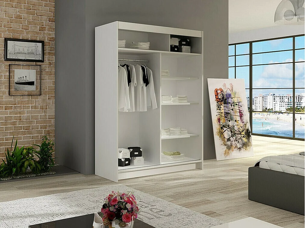 Armoire Closico 109, Blanc, 200x120x58cm, Portes d'armoire: Coulissantes