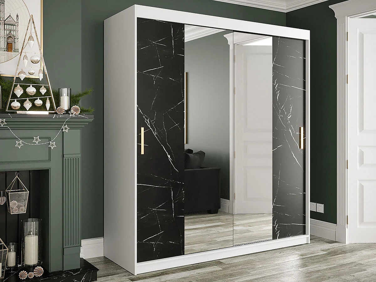 Armario Hartford 255, Mármol negro|Mate blanco, 200x180x62cm, Número de estantes: 7