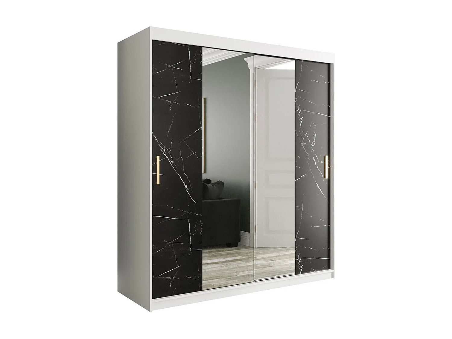 Armario Hartford 255, Mármol negro|Mate blanco, 200x180x62cm, Número de estantes: 7