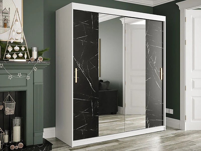 Armario Hartford 255, Mármol negro|Mate blanco, 200x180x62cm, Número de estantes: 7