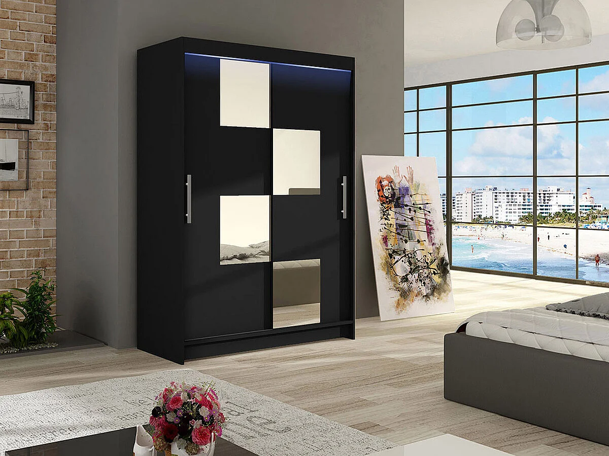 Armoire Closico 105, Noir, 200x120x58cm, Portes d'armoire: Coulissantes