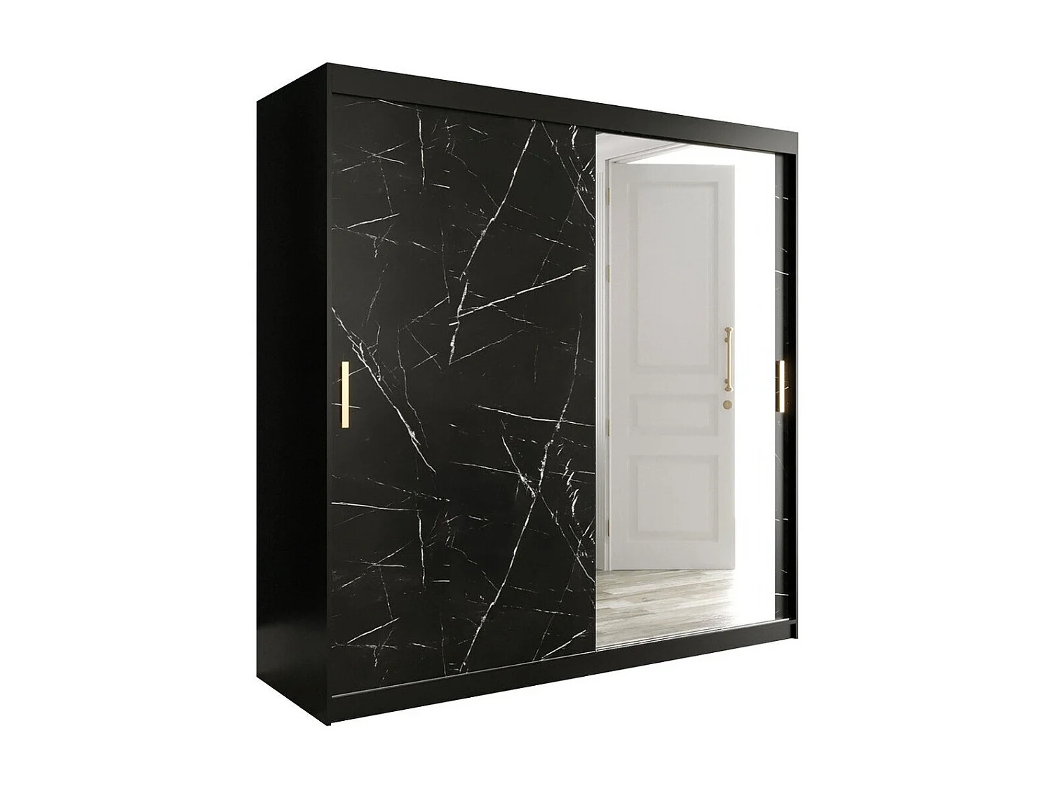 Armoire Hartford 262, Marbre noir|Noir mat, 200x200x62cm, Portes d'armoire: Coulissantes