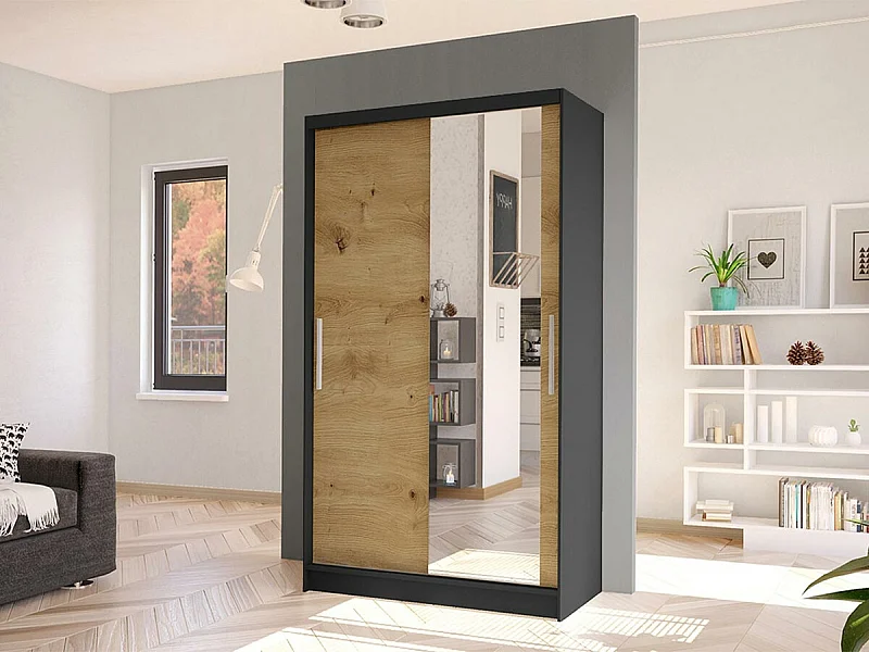 Armoire Closico 164, Noir|Chêne Artisan, 200x100x58cm, Portes d'armoire: Coulissantes