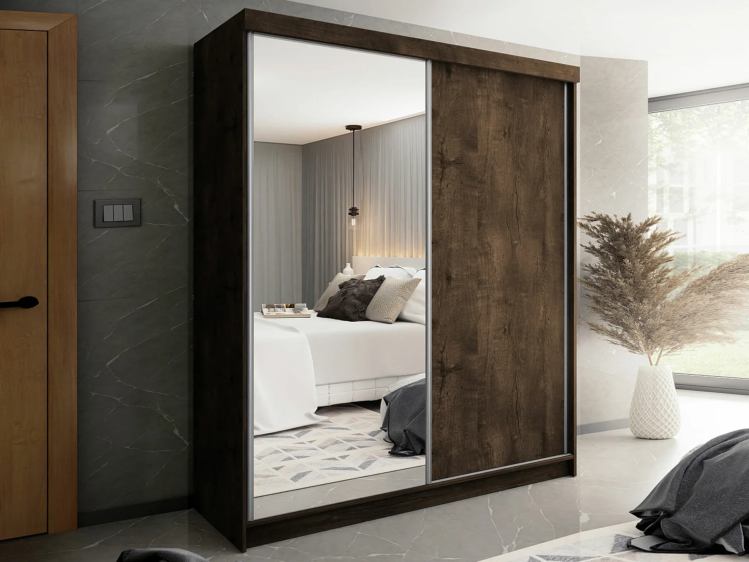 Armoire Dover 107, Chêne sombre, 200x200x62cm, Portes d'armoire: Coulissantes