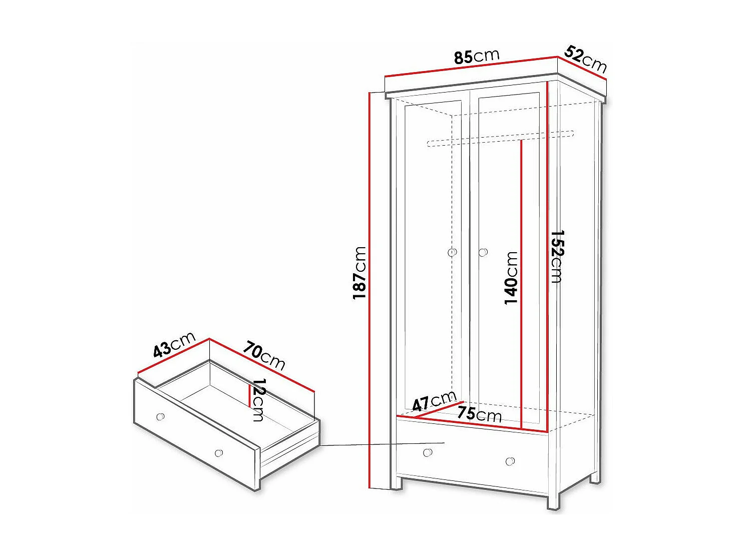 Armoire Romelbo 100, Chêne|Blanc, 187x85x52cm, Portes d'armoire: Avec des charnières