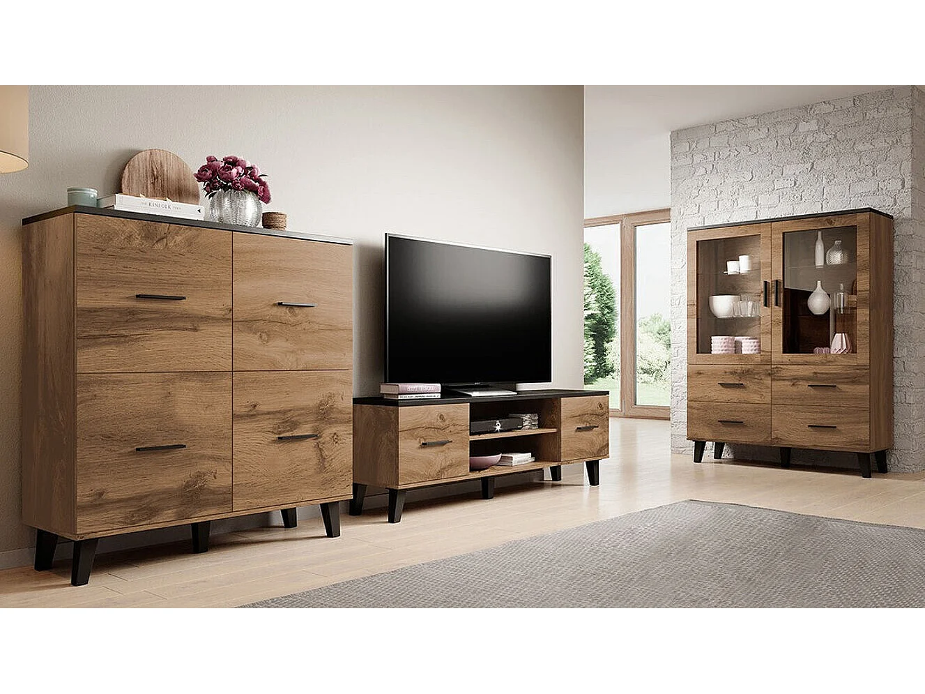 Aparador Larfloi 105, Roble wotan|Negro, 119x110cm, Número de puertas: 445cm, Estanterías