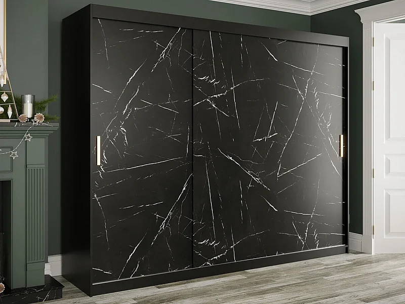 Armoire Hartford 251, Marbre noir|Noir mat, 200x250x62cm, Portes d'armoire: Coulissantes