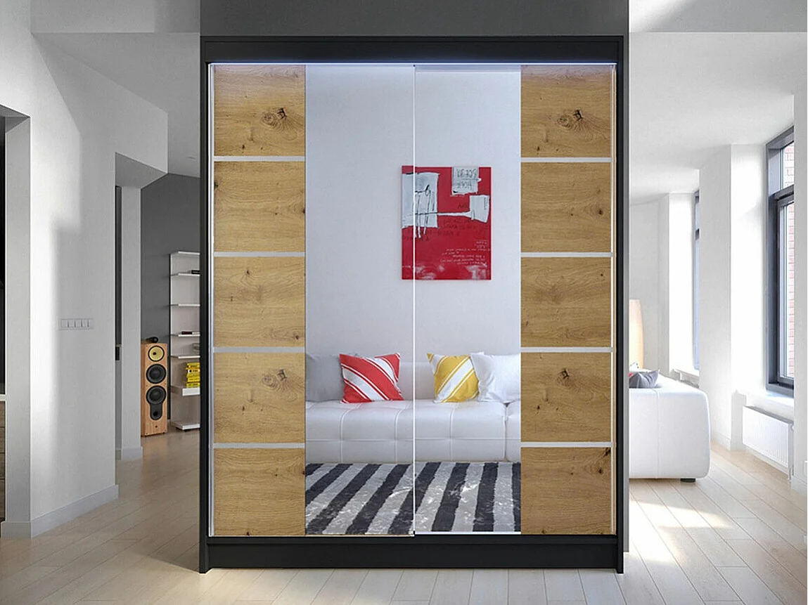 Armario Closico 146, Roble Artisan|Negro, 200x150x58cm, Puertas de armario: Correderas