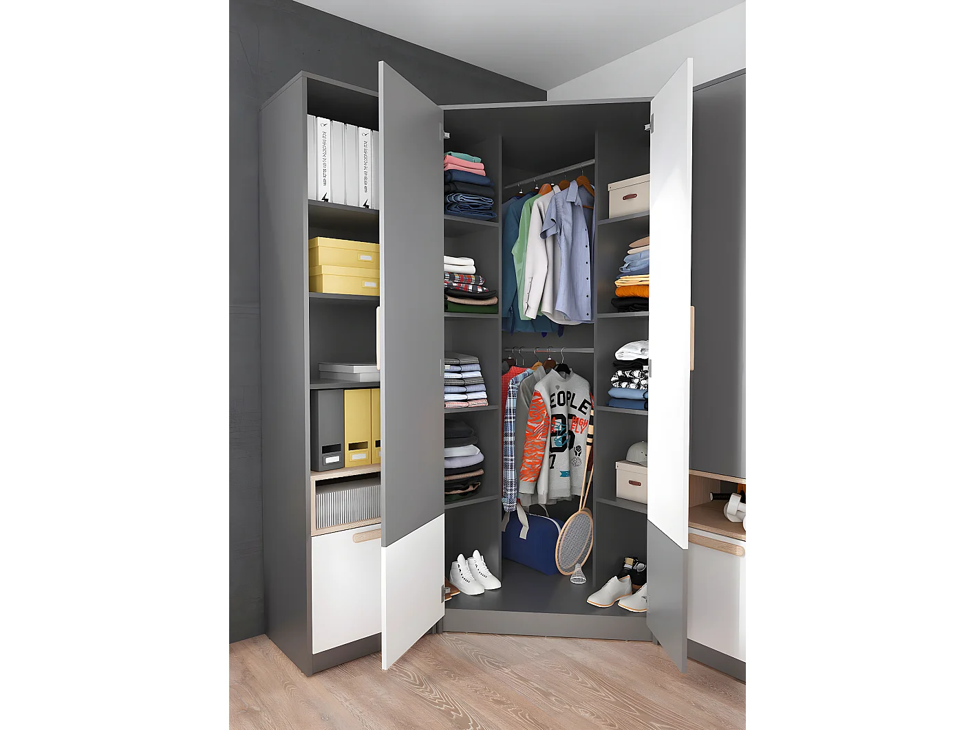 Armoire d'angle Veravie 102, Graphite|Blanc|Gris clair, 193x95x95cm, Nombre d'étagères: 8