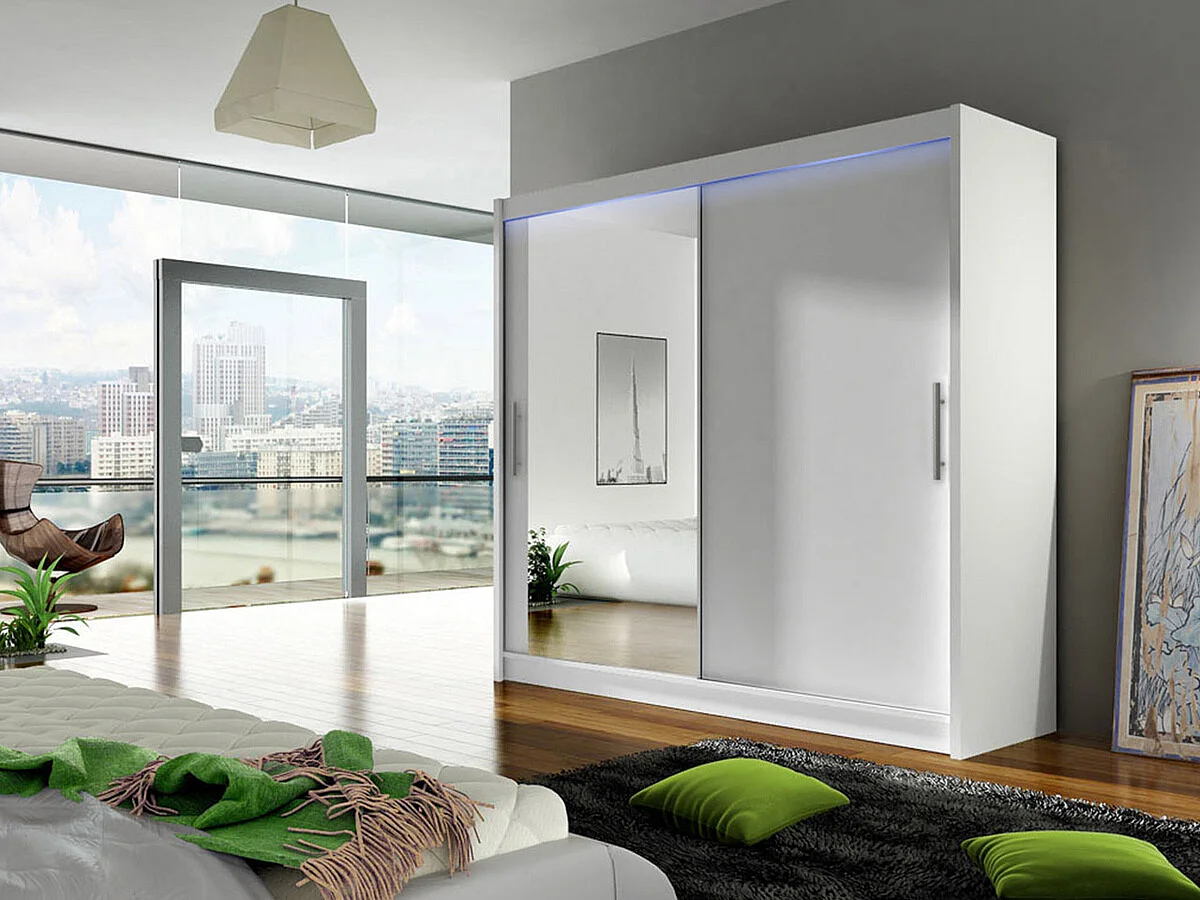 Armario Closico 107, Blanco, 215x180x58cm, Puertas de armario: Correderas