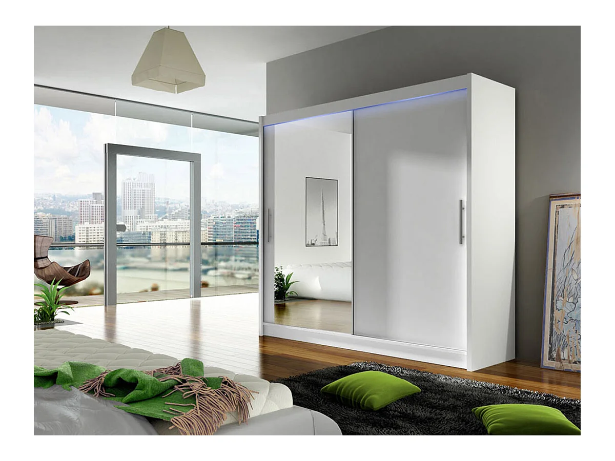 Armoire Closico 107, Blanc, 215x180x58cm, Portes d'armoire: Coulissantes