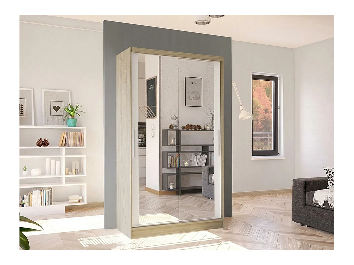 Armoire Closico 165, Sonoma chêne|Blanc, 200x100x58cm, Portes d'armoire: Coulissantes