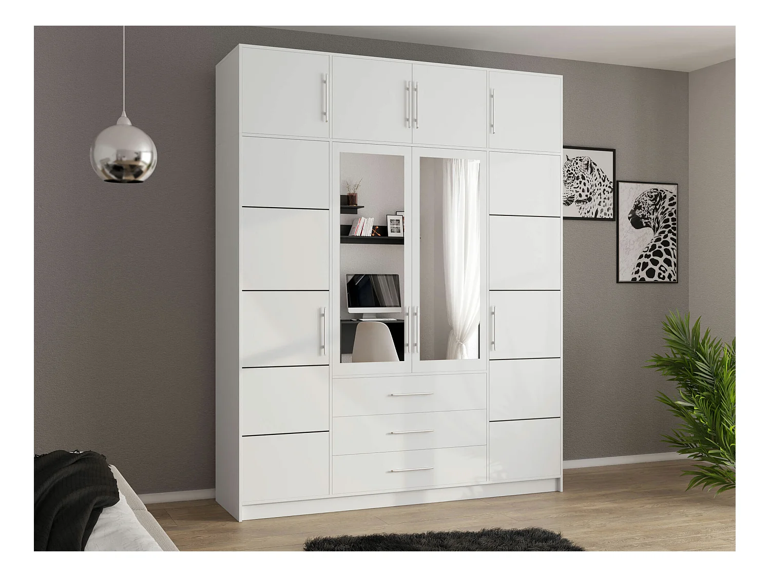 Armoire Dortivu 147, Blanc, 245x196x58cm, Portes d'armoire: Avec des charnières