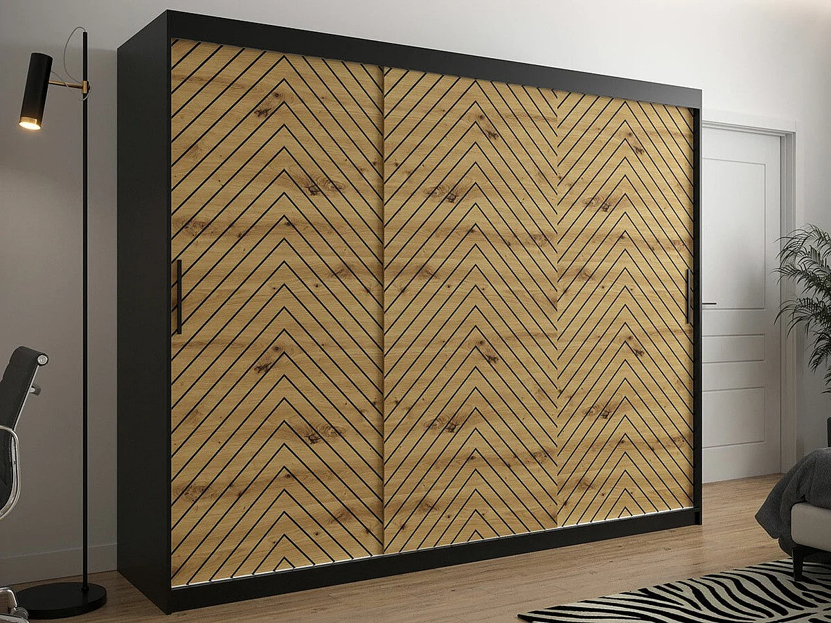 Armario Hartford 316, Roble Artisan|Negro, 200x250x62cm, Puertas de armario: Correderas