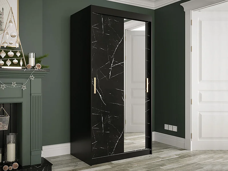 Armoire Hartford 258, Noir mat|Marbre noir, 200x100x62cm, Portes d'armoire: Coulissantes