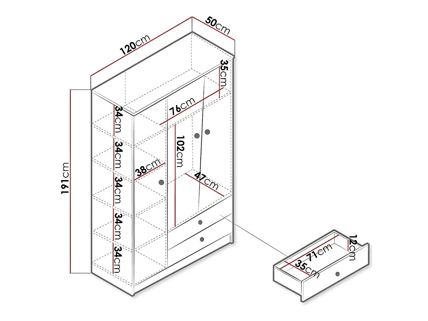 Armoire Almira 102, Blanc|Chêne Artisan|Gris, 191x120x50cm, Nombre d'étagères: 5