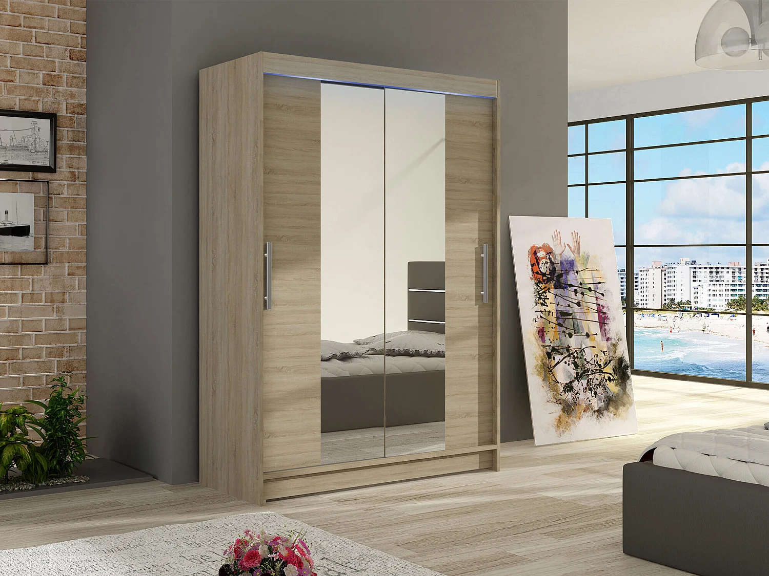 Armoire Closico 133, Sonoma chêne, 200x120x58cm, Portes d'armoire: Coulissantes