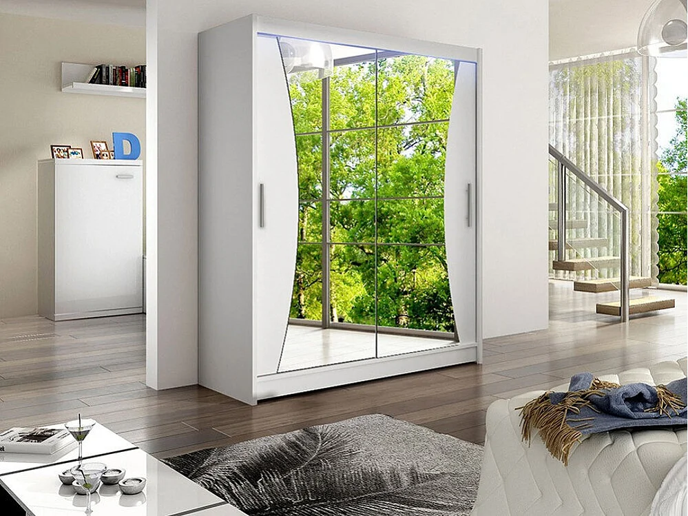 Armoire Closico 116, Blanc, 200x150x58cm, Portes d'armoire: Coulissantes