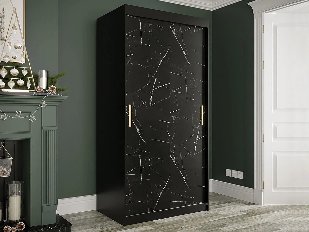 Armoire Hartford 246, Marbre noir|Noir mat, 200x100x62cm, Portes d'armoire: Coulissantes