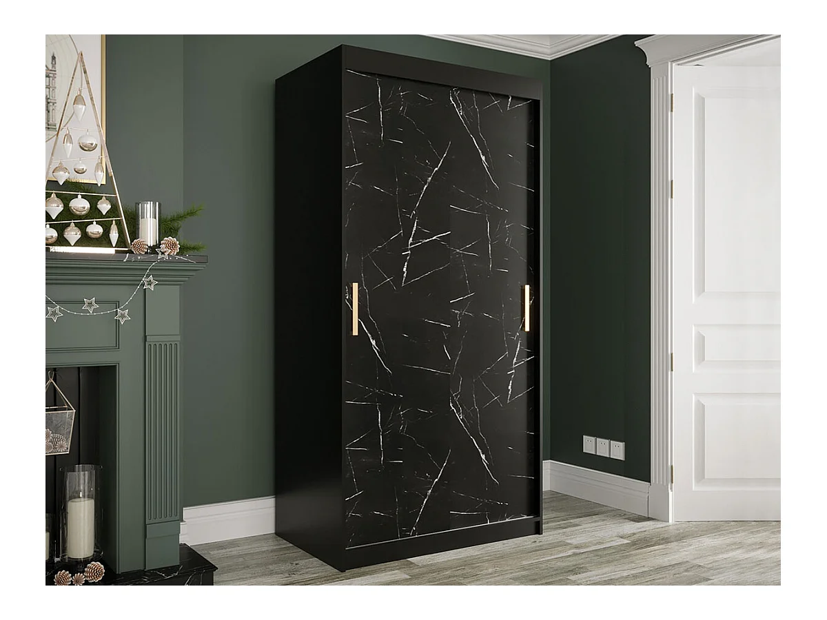Armoire Hartford 246, Noir mat|Marbre noir, 200x100x62cm, Portes d'armoire: Coulissantes