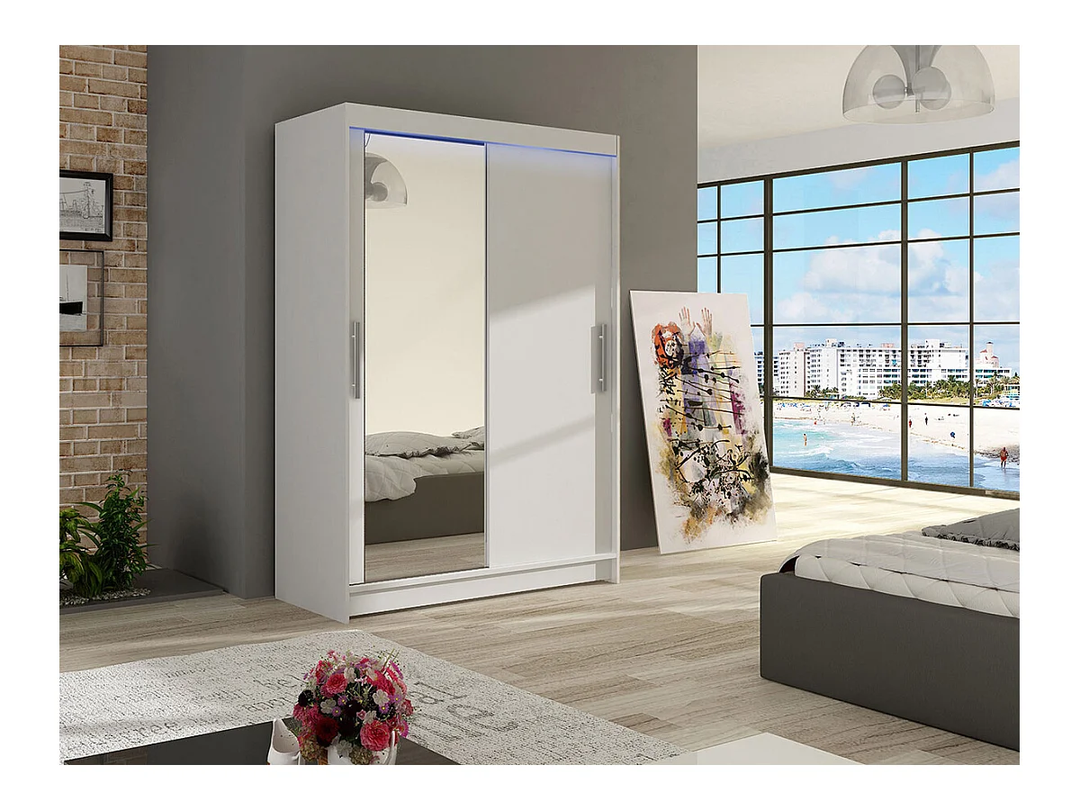 Armoire Closico 128, Blanc, 200x120x58cm, Portes d'armoire: Coulissantes