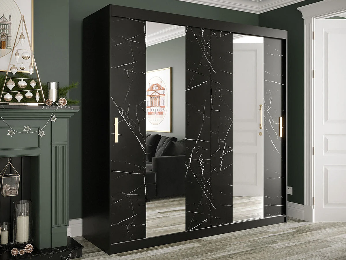 Armario Hartford 244, Mármol negro|Negro mate, 200x200x62cm, Número de estantes: 9