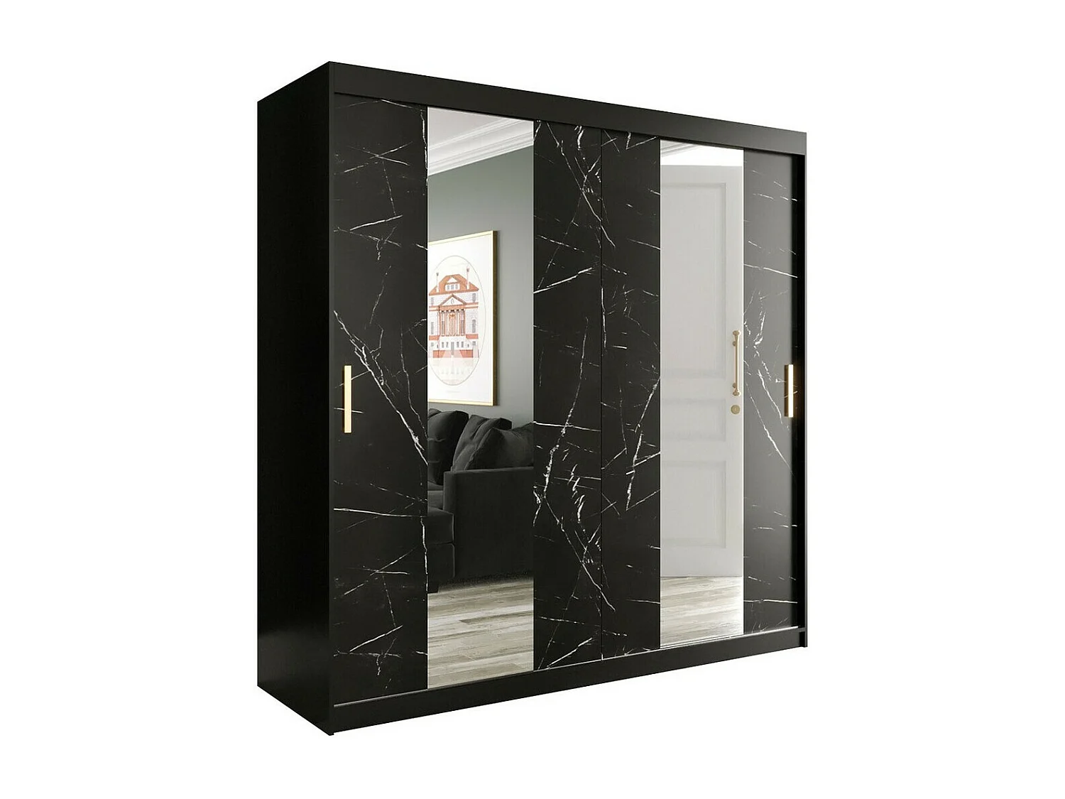 Armario Hartford 244, Mármol negro|Negro mate, 200x200x62cm, Número de estantes: 9