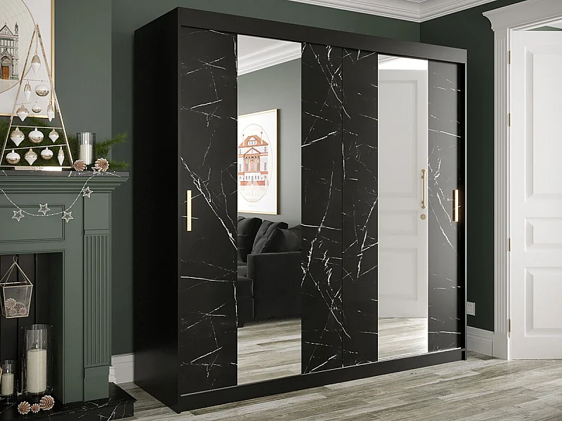 Armoire Hartford 244, Noir mat|Marbre noir, 200x200x62cm, Portes d'armoire: Coulissantes