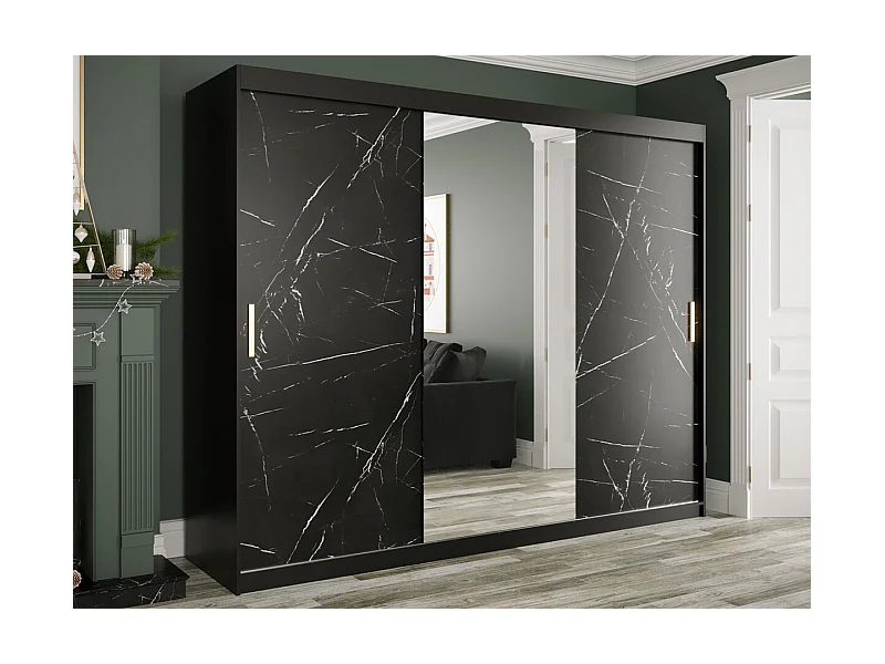 Armoire Hartford 257, Marbre noir|Noir mat, 200x250x62cm, Portes d'armoire: Coulissantes