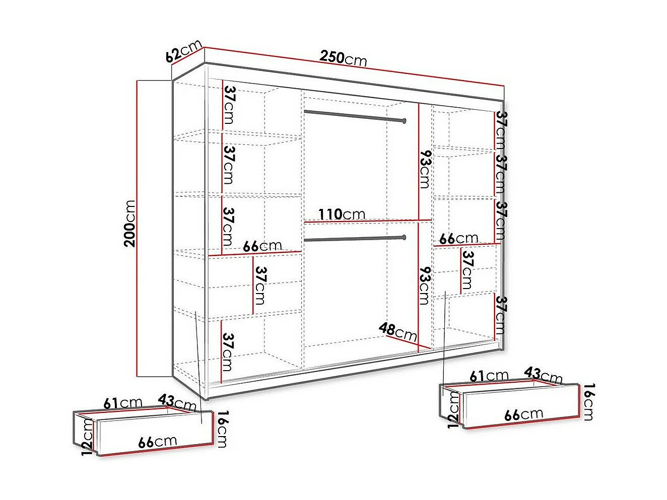 Armario Hartford 257, Negro mate|Mármol negro, 200x250x62cm, Número de estantes: 7