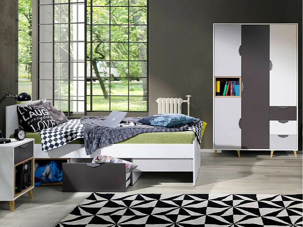 Armoire Domvera 100, Gris|Chêne de Lefkas|Blanc|Graphite, 190x120x55cm