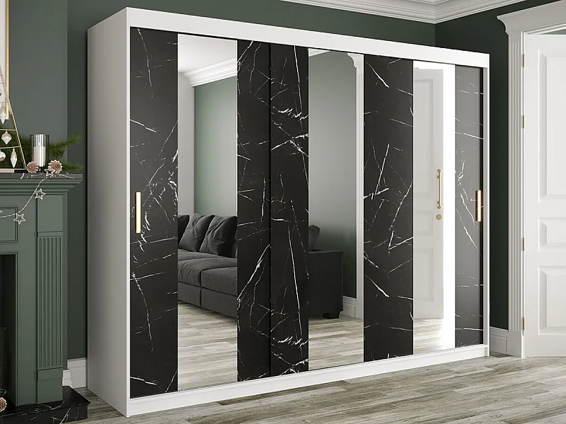 Armoire Hartford 245, Marbre noir|Mat blanc, 200x250x62cm, Portes d'armoire: Coulissantes
