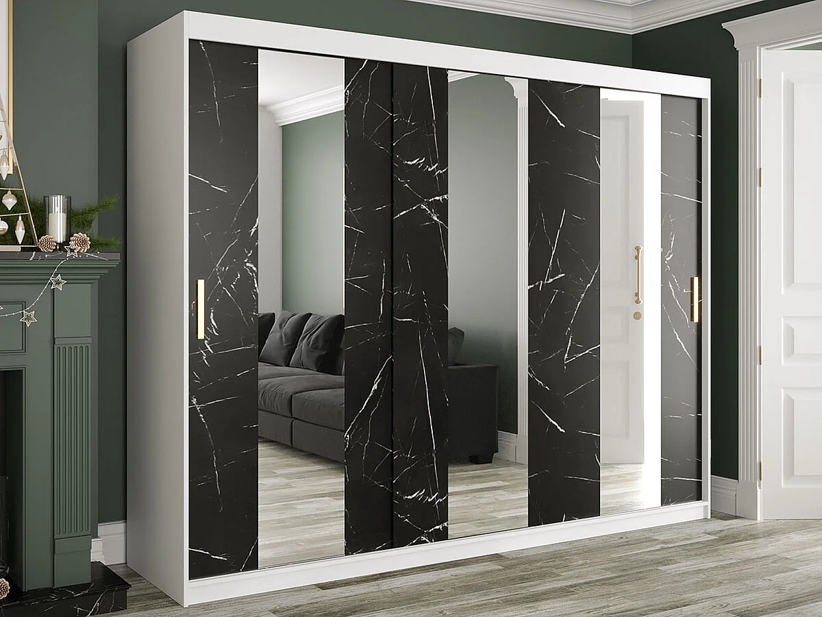 Armario Hartford 245, Mármol negro|Mate blanco, 200x250x62cm, Número de estantes: 9