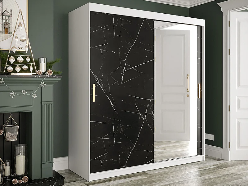 Armario Hartford 261, Mate blanco|Mármol negro, 200x180x62cm, Número de estantes: 7