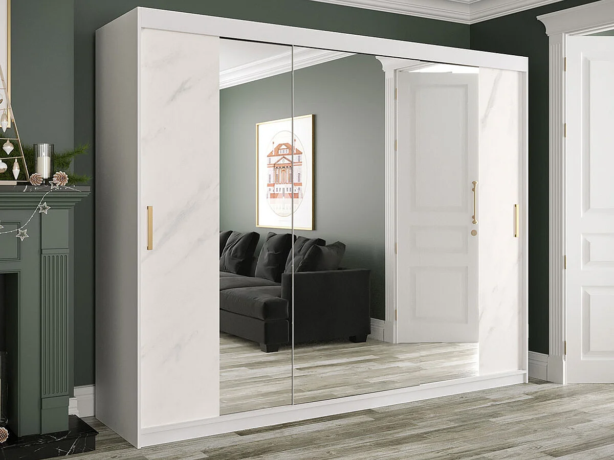Armoire Hartford 263, Mat blanc|Marbre blanc, 200x250x62cm, Nombre d'étagères: 9