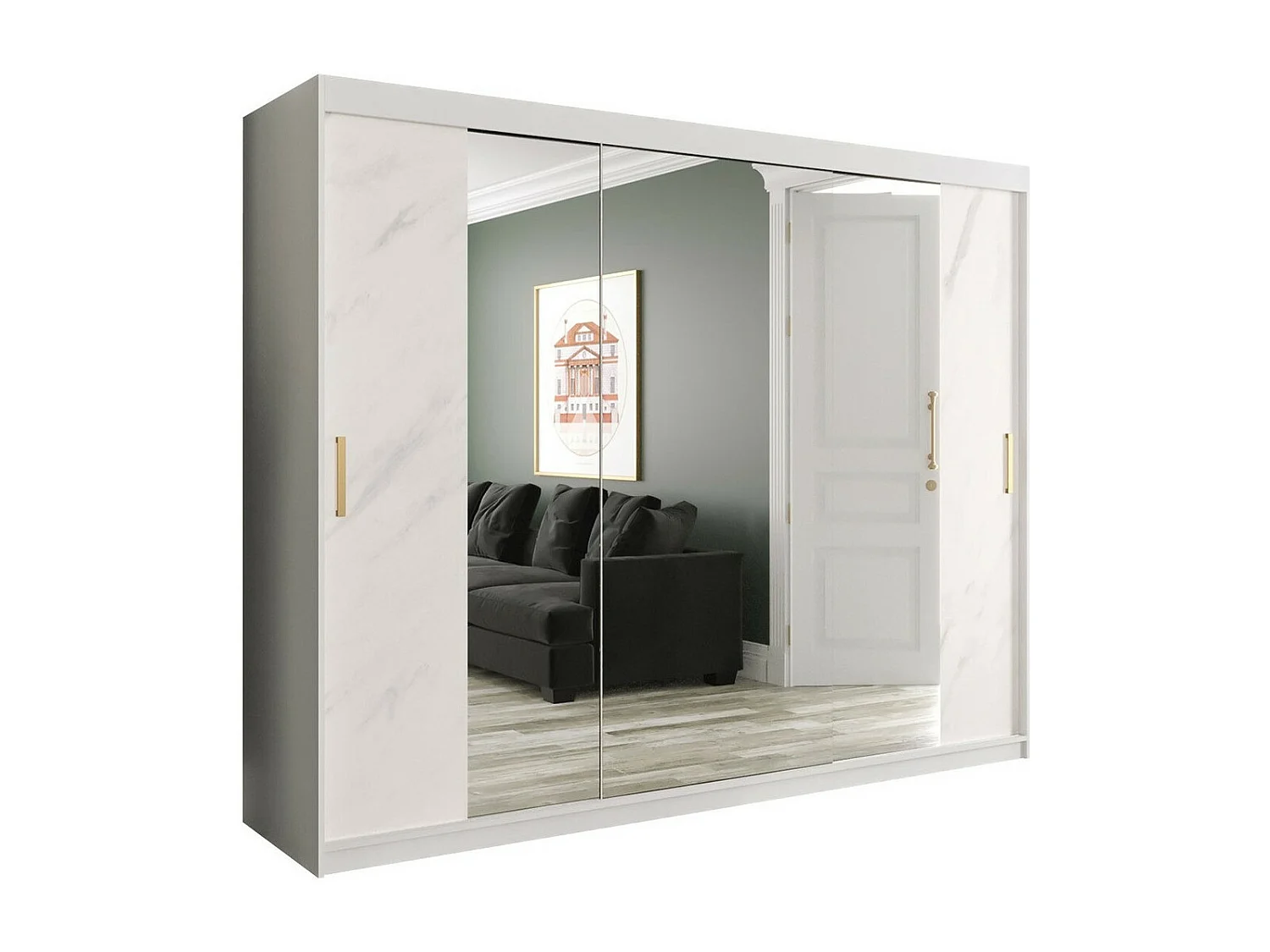 Armoire Hartford 263, Mat blanc|Marbre blanc, 200x250x62cm, Nombre d'étagères: 9