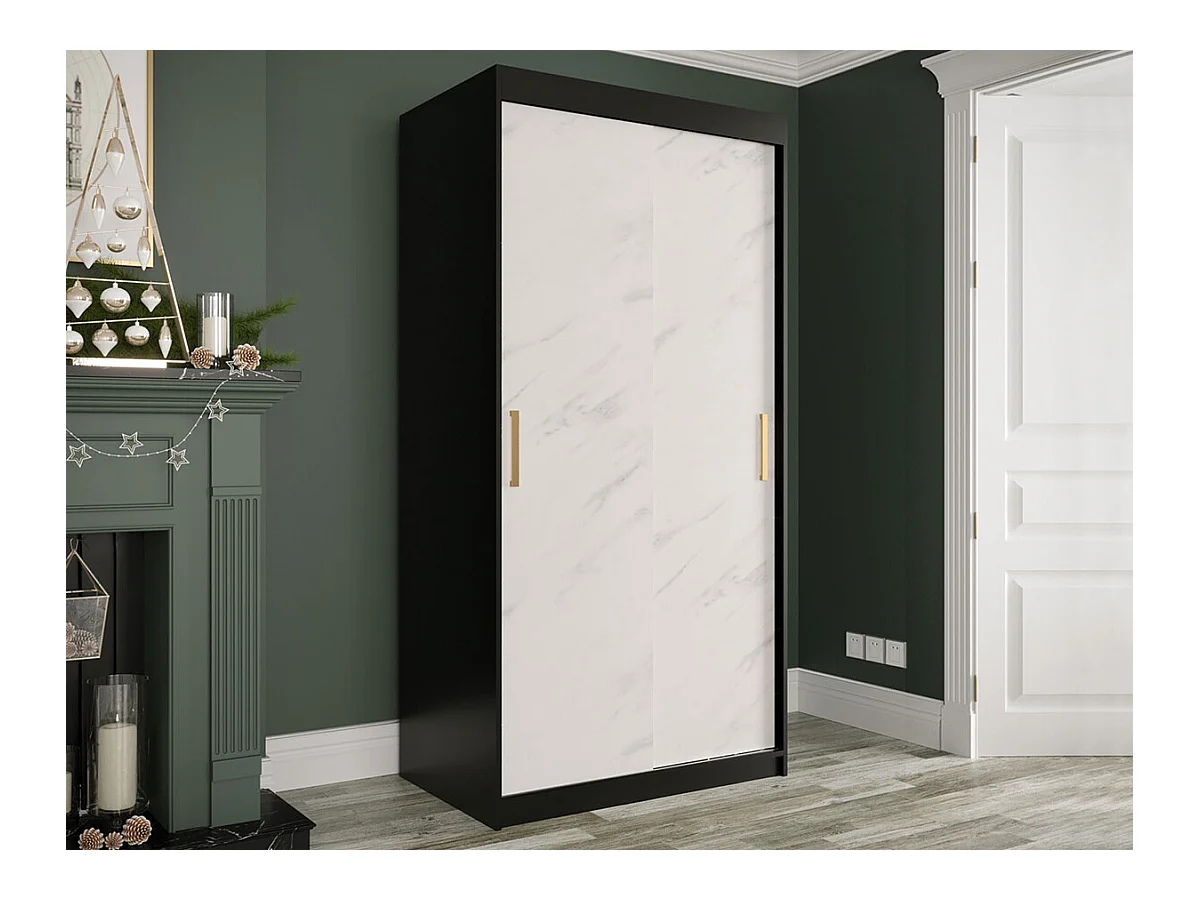 Armoire Hartford 246, Marbre blanc|Noir mat, 200x100x62cm, Portes d'armoire: Coulissantes