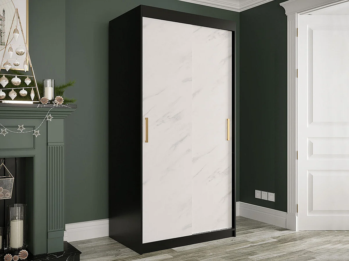 Armoire Hartford 246, Marbre blanc|Noir mat, 200x100x62cm, Portes d'armoire: Coulissantes