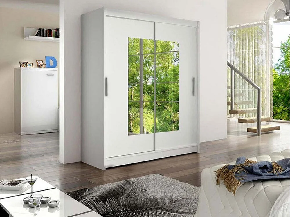 Armoire Closico 104, Blanc, 200x150x58cm, Portes d'armoire: Coulissantes