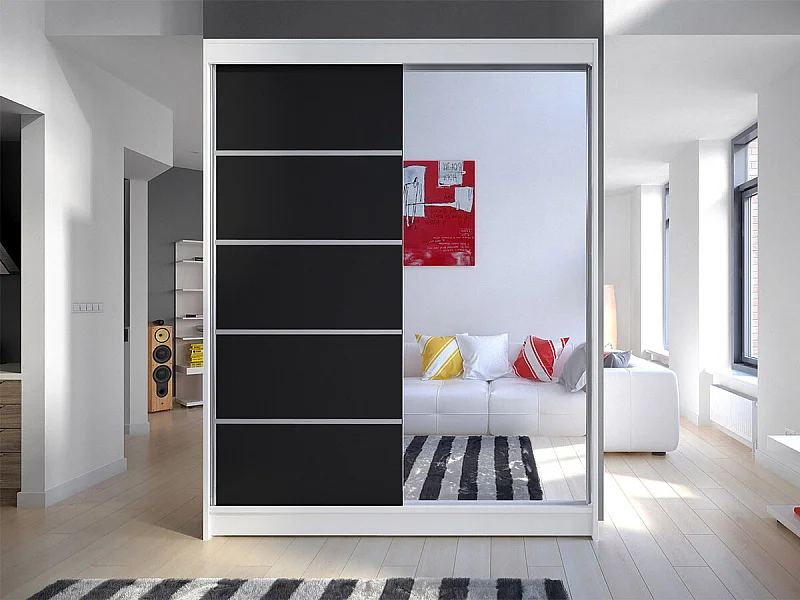 Armario Closico 143, Blanco|Negro, 200x150x58cm, Puertas de armario: Correderas
