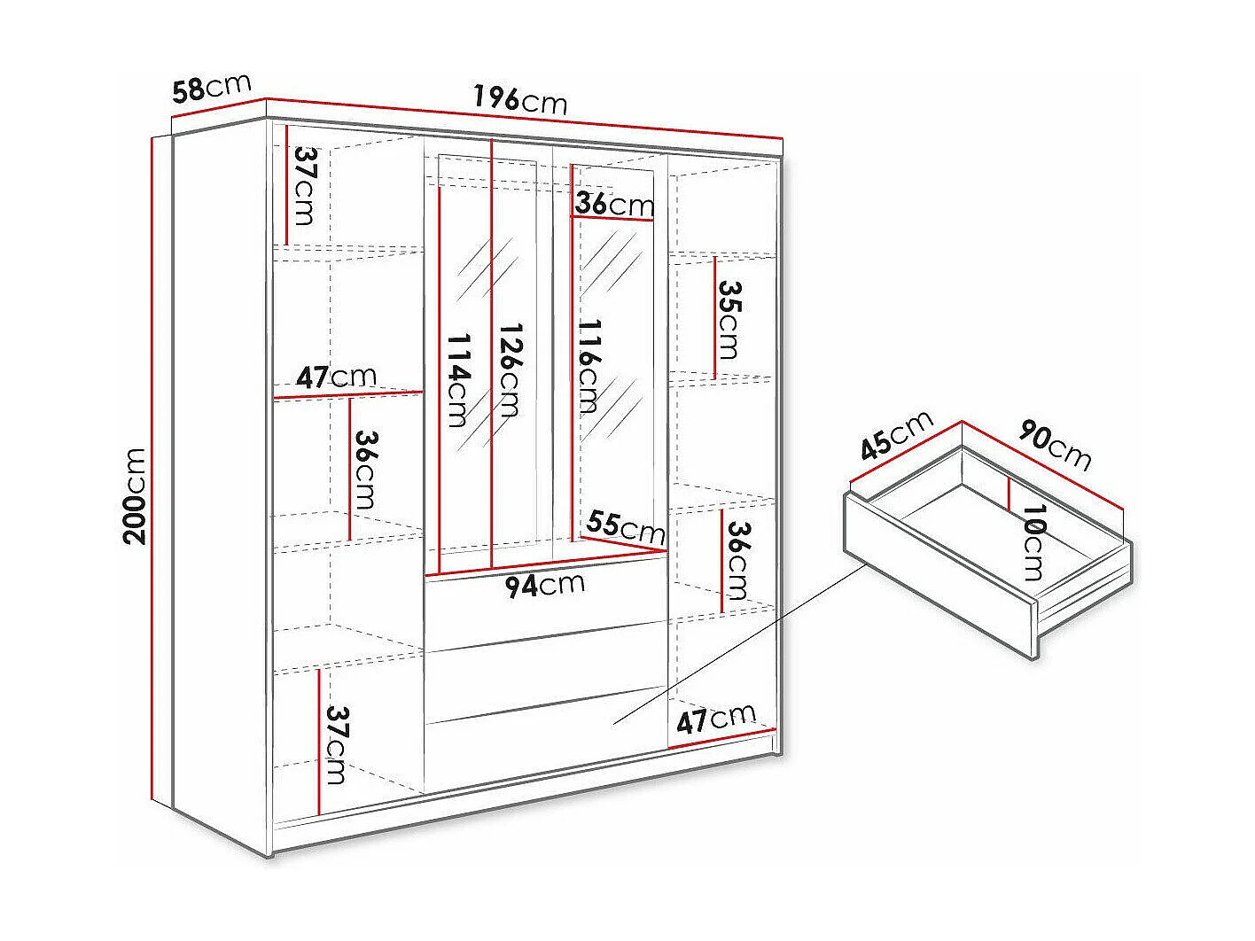 Armoire Honolulu 251, Blanc, 200x196x58cm, Portes d'armoire: Avec des charnières